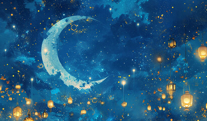 Obraz na płótnie Canvas Crescent moon and lanterns fantasy sky 