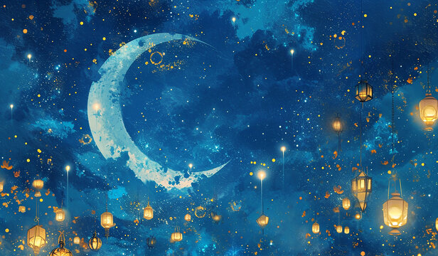 Crescent moon and lanterns fantasy sky
