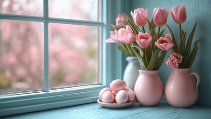 Easter eggs and tulip flowers on windowsill. Decorations for Easter celebration at home.