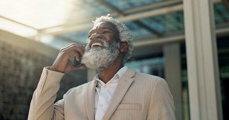 Senior black man, phone call and business in city for proposal, communication or outdoor...