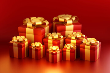 Red gift box with gold ribbons on red background, for valentine day, festival or celebration,