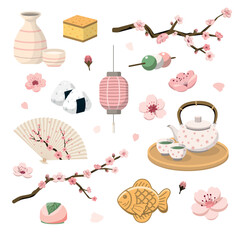 Spring Tea Party and Cherry Blossom Viewing Illustration Set. Isolated on white background. Seasonal festive graphics