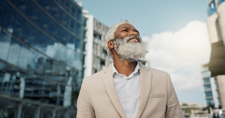 City, business and elderly man with thinking, entrepreneur and opportunity with peace, startup and...