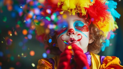 child in costume blowing confetti - obrazy, fototapety, plakaty