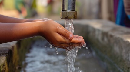 Child's hands washing themselves off from the water tap, children's right to access clean water. Save water. World Water Monitoring Day. - obrazy, fototapety, plakaty