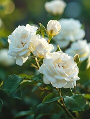 Beautiful blooming white roses on bush outdoors, closeup