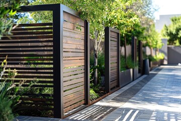Modern metal fence for fencing the yard area and gardens - Powered by Adobe
