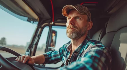 Foto op Canvas Professional middle aged truck driver in casual clothes driving truck vehicle going for a long transportation route. © kardaska