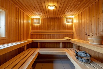 Fototapeta na wymiar Empty finnish sauna room modern interior of wooden spa cabin with dry steam.