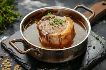 Traditional beef broth with vegetable, bones and ingredients in pot