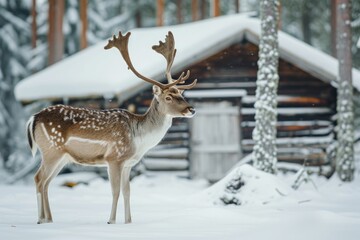 Deer in winter forest against the background of a snow-covered forest hut.