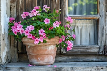 Fototapeta premium Geranium flowers in planter on a patio of an old house with rustic decor.