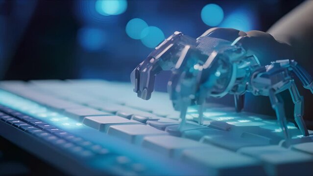 Closeup of a teens fingers typing rapidly on a keyboard while programming a robotic spider.