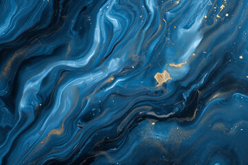 Obraz premium Flowing Elegant Acrylic Pour Wallpaper in Beautiful Navy Blue colors. Paint texture with Gold Glitter