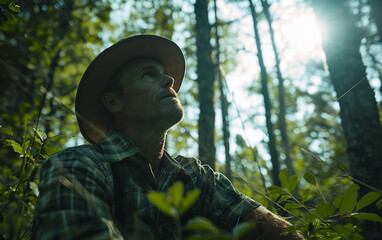 Naklejka premium Man Wearing Hat in Woods, Tranquil, Nature-Filled Portrait of a Hat-Clad Gentleman Standing Amongst Trees