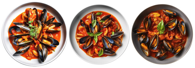Plates with mussels in tomato sauce and fries, top view - obrazy, fototapety, plakaty