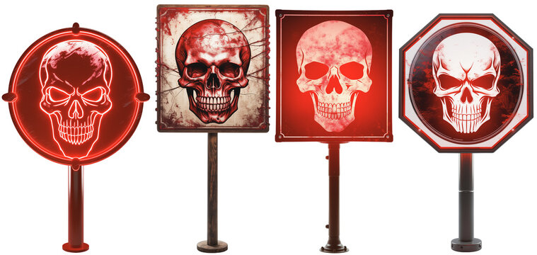 collection of a red sign on a pole with a skull on it