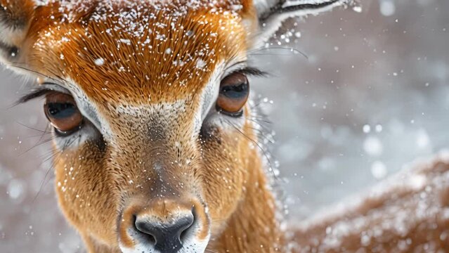 Closeup of the dikdiks expressive eyes filled with curiosity and wonder as it explores the snowy landscape. The vulnerability and gentleness of the creature is evident i