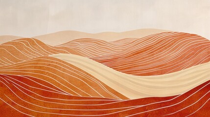 A modern abstract painting with a touch of minimalist boho style for a landscape, featuring strong geometric lines and a warm color palette, including shades of orange, beige, and terracotta.
