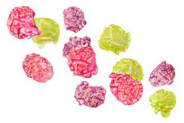 Levitation of colorful glazed popcorn isolated on transparent background.