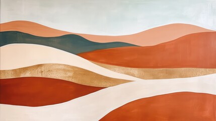 A modern abstract painting with a touch of minimalist boho style for a landscape, featuring strong geometric lines and a warm color palette, including shades of orange, beige, and terracotta.

