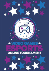 Esports Online Tournament. Video Games streaming. Cyber sport and gaming concept. Play in arcade, video or computer game. Gamepad, controller or joystick. Leisure, entertainment and fun. Vector