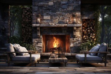Grand Outdoor Fireplace with Cozy Seating, on an isolated Slate Gray background, Generative AI