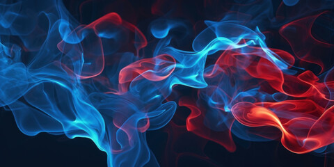 Fototapeta premium Vibrant abstract digital artwork of intertwining blue and red smoke on a black background.
