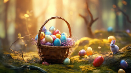 Fototapeta na wymiar Colorful Easter eggs in a basket with a magical forest background and a small bunny.