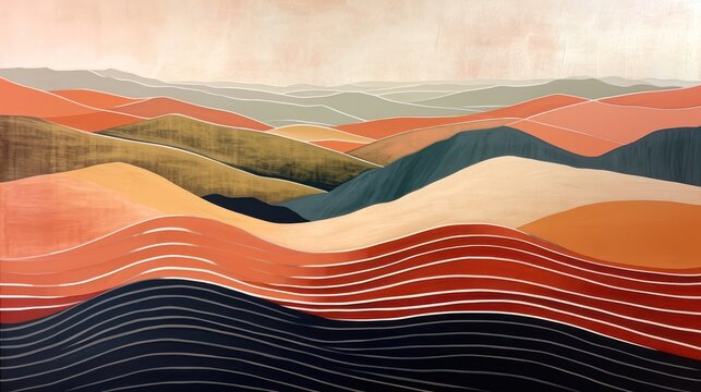 modern abstract painting with a touch of minimalist boho style for a landscape. Utilize strong geometric lines and a warm color palette, including shades of orange, beige, and terracotta