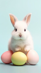 Naklejka na ściany i meble Adorable white bunny posing with colorful pastel Easter eggs on a blue background.