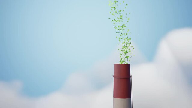 Factory emissions transform into green leaves and water droplets, a visionary portrayal of eco-friendly, biomass and hydrogen fuel cells technology