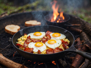 Camping breakfast with bacon and eggs in a cast iron skillet. 