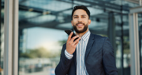 Happy businessman, phone call and communication in city for proposal or outdoor conversation. Face...