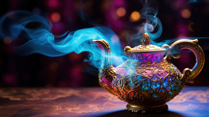 An ornate Aladdin's lamp emitting vibrant blue smoke against a bokeh background, evoking a sense of magic. - obrazy, fototapety, plakaty