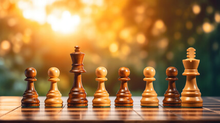Chess pieces on a board with the focus on a strategic setup, bathed in warm sunlight.