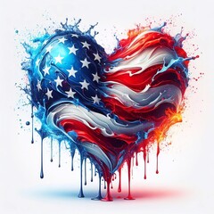 Heart shape USA flag what Splash of water and flame. AI generated illustration