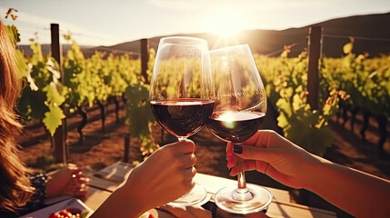 Friends toasting wine in a vineyard at daytime outdoors. Happy friends having fun outdoor. 