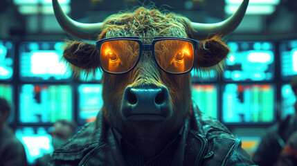 Obraz premium bull wearing sunglasses and a leather jacket, standing in front of a stock market data display