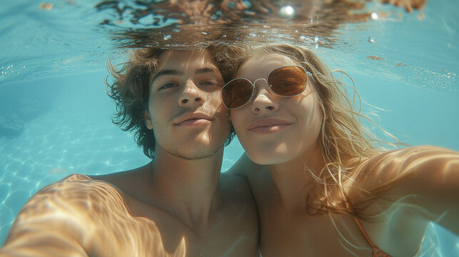  smiling couple making photo underwater in swimming pool