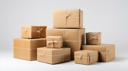 Fototapeta premium Multiple stacked brown parcel boxes with twine on a white background, symbolizing shipping and logistics.