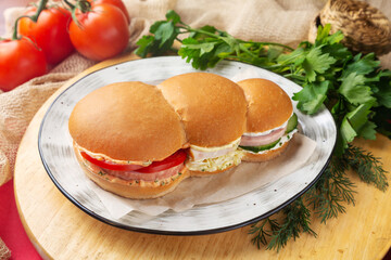 Sandwich with meat cutlet, ham, sausage, cheese, tomato and cucumber on a plate. Fast food