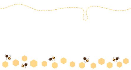 Beehive honey sign with hexagon grid cells and bee cartoons on white background vector illustration.