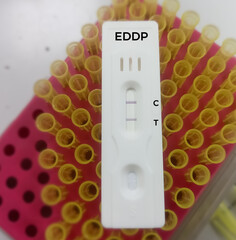 Rapid Test Cassette for EDDP (Methadone Metabolite) test showing positive result. Drug test.