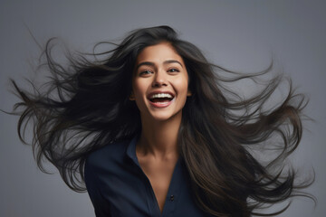 Energetic smiling young female of Indian ethnicity having long flowing hair - obrazy, fototapety, plakaty
