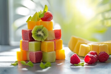 Colorful fruit jelly cubes with natural shadows on a light surface.