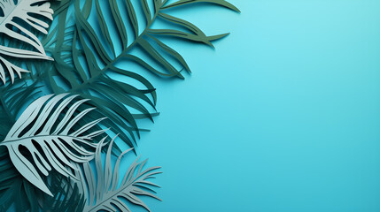 Naklejka premium Tropical leaves with soft blue background and copy space in paper cut style.