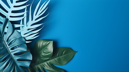 Tropical leaves with soft blue background and copy space in paper cut style.