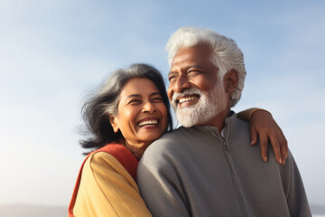 Portrait of a joyful loving senior couple of Indian ethnicity in the outdoor