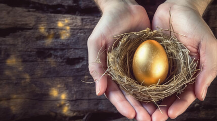 a person's hands holding a gold egg in a nest,  - obrazy, fototapety, plakaty